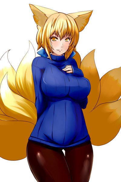 Anime picture 1200x1800 with touhou yakumo ran dearmybrothers single tall image looking at viewer fringe short hair breasts light erotic simple background blonde hair large breasts standing white background animal ears yellow eyes animal tail alternate costume fox ears