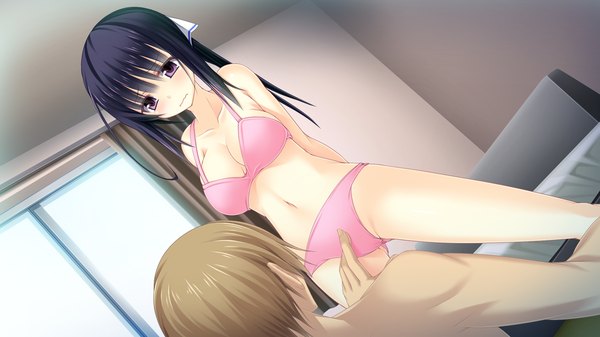 Anime picture 1280x720 with aimai renai tagme (character) satofuji masato long hair blush breasts light erotic black hair wide image large breasts purple eyes bare shoulders game cg cleavage bare belly embarrassed underwear only hands behind back girl boy