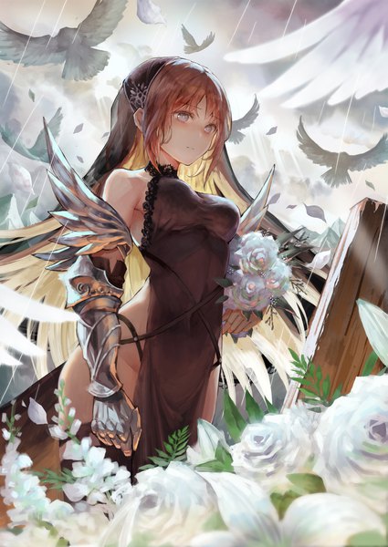 Anime picture 1447x2045 with original okuma mai single long hair tall image blush fringe breasts light erotic brown hair standing holding looking away covered navel side slit silver eyes girl thighhighs dress flower (flowers)