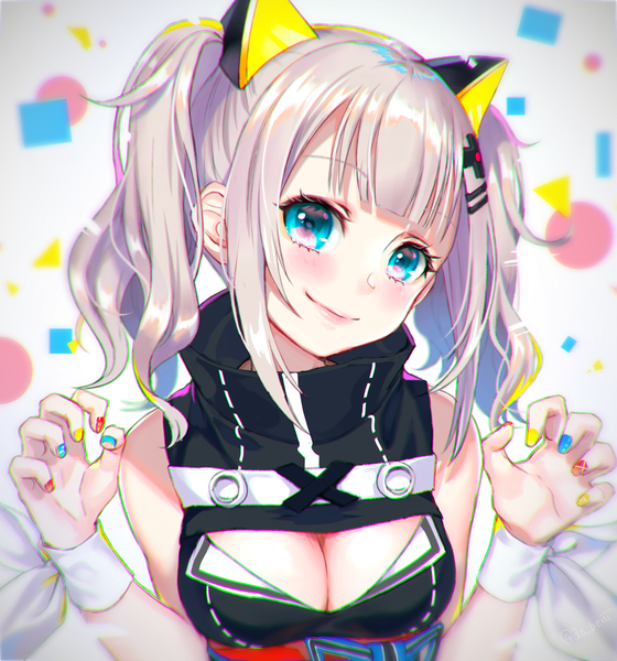Anime picture 1000x1071 with virtual youtuber the moon studio kaguya luna ao+beni single tall image looking at viewer blush fringe short hair breasts smile twintails bare shoulders payot cleavage silver hair upper body blunt bangs nail polish