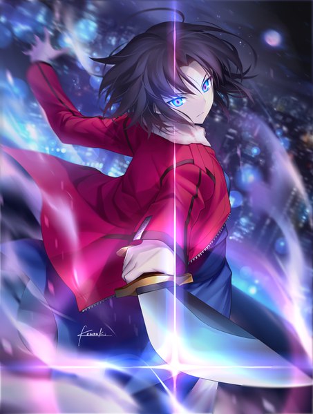 Anime picture 650x860 with kara no kyoukai type-moon ryougi shiki kousaki rui single tall image looking at viewer short hair blue eyes black hair signed blurry night open jacket night sky fur trim lens flare turning head city spread arms