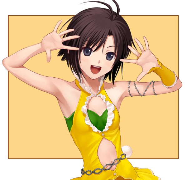 Anime picture 1209x1164 with idolmaster kikuchi makoto nekopuchi single short hair open mouth black hair black eyes floral (idolmaster) vital sunflower girl