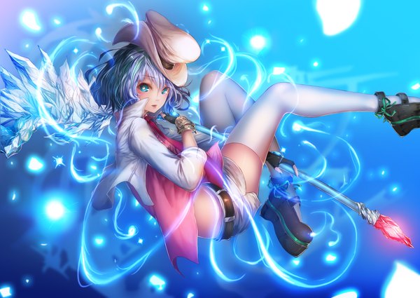 Anime picture 3794x2693 with original soya (torga) single looking at viewer fringe highres short hair open mouth blue eyes blue hair absurdres bent knee (knees) magic girl thighhighs gloves hat white thighhighs wings shorts