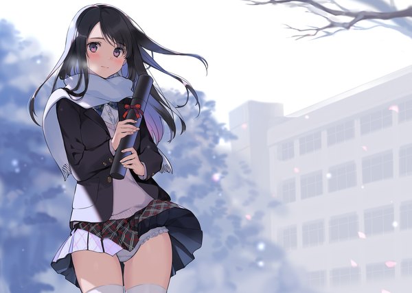Anime picture 2000x1423 with original gin (oyoyo) single long hair looking at viewer blush highres light erotic black hair standing purple eyes wind open clothes thigh gap plaid skirt snowing snow skirt flip wind lift graduation