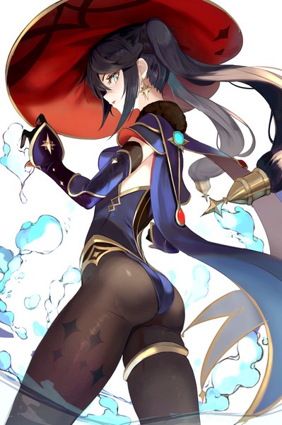 Anime picture 2332x3508 with genshin impact mona megistus lumo 1121 single long hair tall image looking at viewer fringe highres blue eyes light erotic black hair hair between eyes white background twintails payot ass profile from below girl