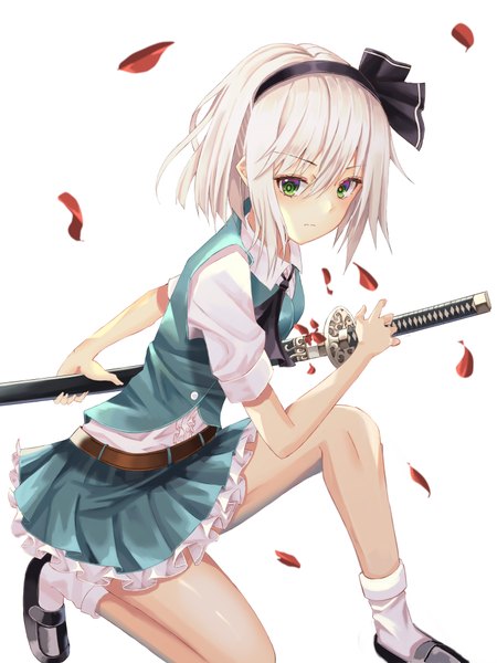 Anime picture 3000x4000 with touhou konpaku youmu cup6542 single tall image looking at viewer blush fringe highres short hair simple background hair between eyes white background holding green eyes silver hair full body bent knee (knees) pleated skirt short sleeves