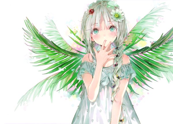 Anime picture 4210x3022 with original dsmile single long hair looking at viewer blush fringe highres simple background standing white background bare shoulders absurdres silver hair upper body braid (braids) hair flower aqua eyes scan off shoulder