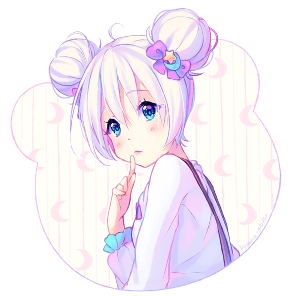Anime picture 884x900 with original hyanna-natsu single tall image looking at viewer blush fringe short hair blue eyes hair between eyes signed upper body ahoge white hair long sleeves hair bun (hair buns) finger to mouth striped background girl hair ornament