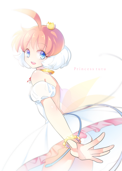 イラスト 606x850 と プリンセスチュチュ ahiru arima princess tutu (character) eloosia ソロ 長身像 前髪 短い髪 開いた口 青い目 simple background 白背景 looking away ピンク髪 アホ毛 looking back copyright name spread arms ballerina ballet