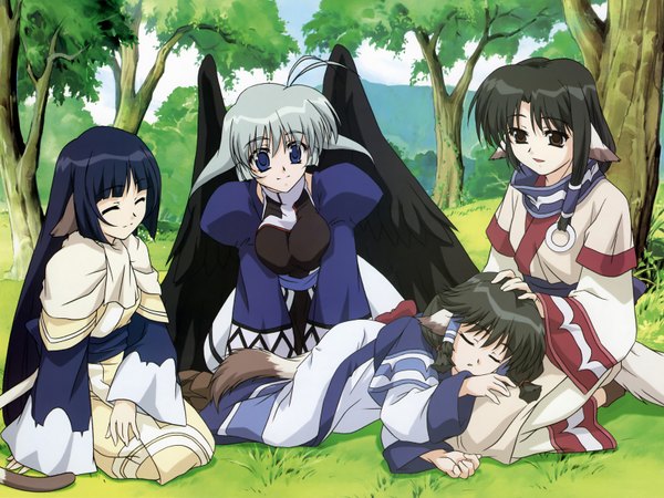 Anime picture 1600x1200 with utawareru mono eruruw kamyu yuzuha (utawarerumono) nakata masahiko dog girl girl wings