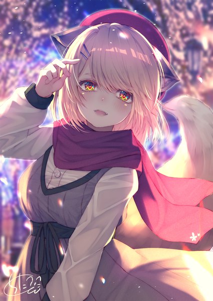 Anime-Bild 1417x2000 mit original chita (ketchup) single tall image looking at viewer blush fringe short hair open mouth blonde hair smile standing signed animal ears outdoors tail long sleeves :d animal tail arm up