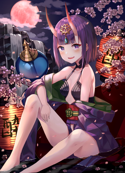 Anime picture 870x1200 with fate (series) fate/grand order shuten douji (fate) ruda (ruda e) single tall image looking at viewer blush fringe short hair light erotic sitting purple eyes purple hair blunt bangs horn (horns) partially submerged cherry blossoms oni horns waterfall