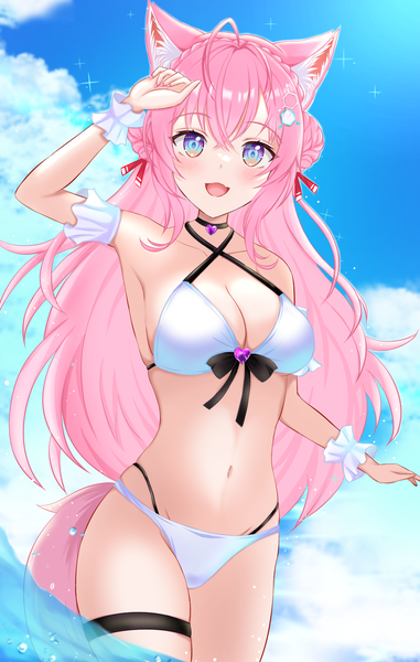 Anime picture 1300x2048 with virtual youtuber hololive hakui koyori arlonn single long hair tall image looking at viewer blush fringe breasts open mouth blue eyes light erotic smile hair between eyes large breasts standing animal ears pink hair