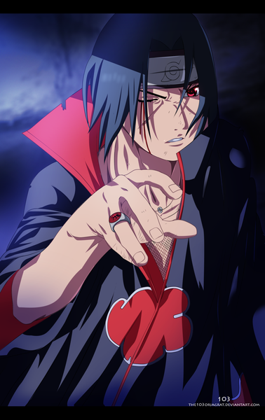 Anime picture 2000x3176 with naruto studio pierrot naruto (series) uchiha itachi the103orjagrat single tall image highres short hair black hair red eyes one eye closed wink coloring letterboxed akatsuki sharingan boy blood cloak