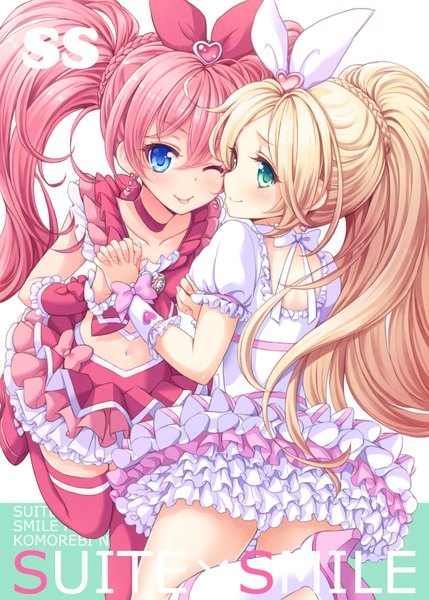 Anime picture 722x1010 with precure suite precure toei animation houjou hibiki minamino kanade cure melody cure rhythm tokunou shoutarou long hair tall image looking at viewer blush fringe blue eyes blonde hair smile hair between eyes twintails multiple girls green eyes