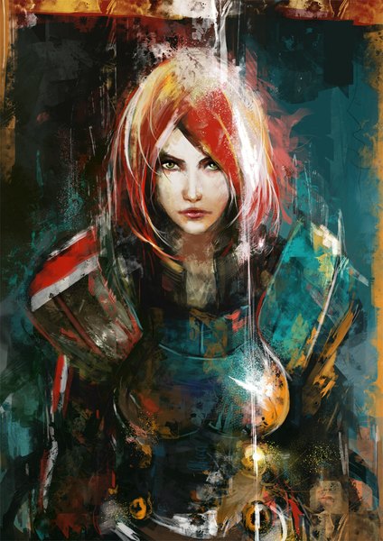 Anime picture 778x1100 with mass effect 3 commander shepard muju single tall image looking at viewer breasts green eyes red hair lips pouring girl water armor