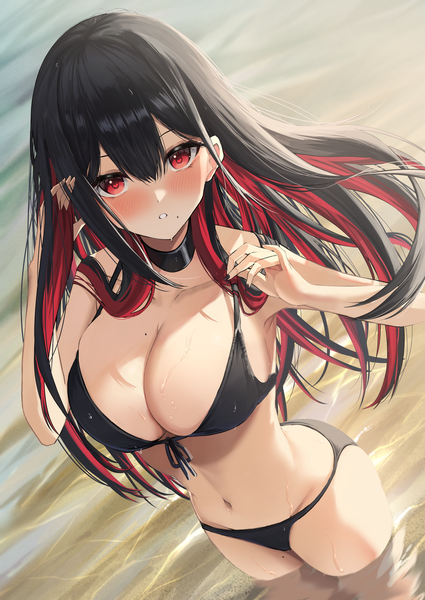 Anime picture 2508x3542 with original amane sora single long hair tall image looking at viewer blush fringe highres breasts light erotic black hair hair between eyes large breasts standing outdoors red hair parted lips multicolored hair from above