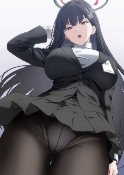 Anime picture 868x1228 with blue archive rio (blue archive) makiri akira single long hair tall image looking at viewer fringe breasts open mouth light erotic black hair simple background red eyes large breasts standing blunt bangs long sleeves head tilt pleated skirt