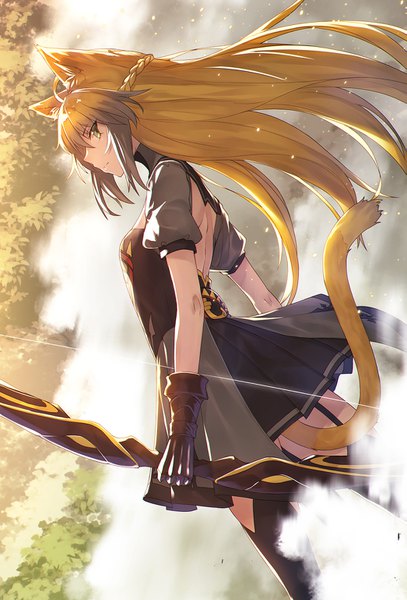 Anime picture 1045x1538 with fate (series) fate/apocrypha atalanta (fate) ibuki notsu single long hair tall image looking at viewer fringe blonde hair hair between eyes holding green eyes animal ears ahoge tail braid (braids) animal tail profile looking back