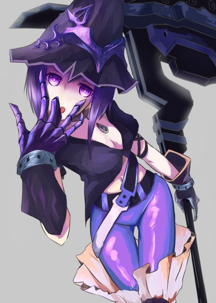 Anime picture 1000x1400 with black rock shooter mefe single tall image looking at viewer blush short hair open mouth simple background purple eyes purple hair licking hand on face girl gloves weapon belt tongue pendant witch hat