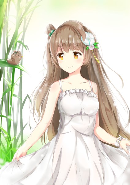 Anime picture 848x1200 with love live! school idol project sunrise (studio) love live! minami kotori minami kotori (bird) konka single long hair tall image blush fringe smile brown hair bare shoulders looking away hair flower orange eyes girl dress hair ornament