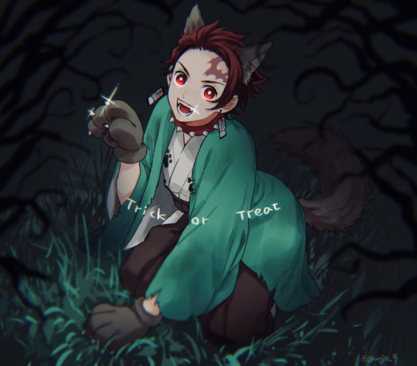 Anime picture 1165x1022 with kimetsu no yaiba ufotable kamado tanjirou tsuyu (gunjooo9) single looking at viewer short hair red eyes animal ears full body red hair tail traditional clothes japanese clothes animal tail from above sparkle scar halloween kemonomimi mode