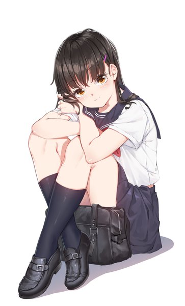 Anime picture 700x1155 with original fangxiang cuoluan single long hair tall image looking at viewer blush black hair simple background white background brown eyes shadow crossed legs girl uniform school uniform socks serafuku shoes hairclip