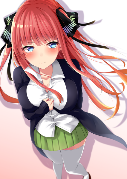 Anime picture 2507x3541 with go-toubun no hanayome nakano nino yigra don single long hair tall image looking at viewer blush fringe highres breasts blue eyes simple background large breasts pink hair blunt bangs pleated skirt from above shadow two side up
