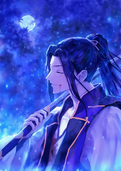 Anime picture 1446x2046 with fate (series) fate/stay night assassin (fate/stay night) bob (biyonbiyon) single long hair tall image black hair holding payot upper body ponytail eyes closed traditional clothes japanese clothes profile light smile night night sky blood on face