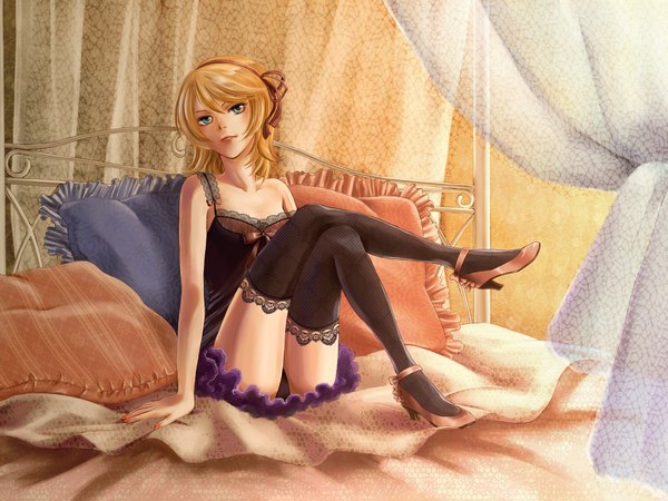 Anime picture 2000x1500 with vocaloid kagamine rin senko (artist) single highres short hair blue eyes light erotic blonde hair sitting bare shoulders cleavage nail polish girl thighhighs underwear panties ribbon (ribbons) black thighhighs hair ribbon