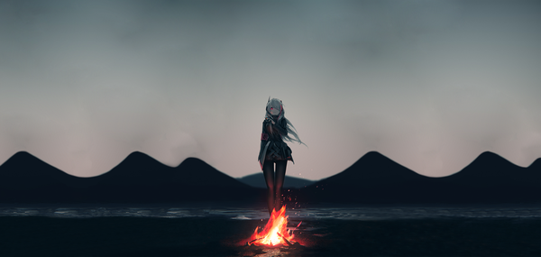 Anime picture 2268x1080 with girls frontline m4 sopmod ii (girls frontline) mienthoa single long hair looking at viewer fringe highres red eyes wide image standing holding sky long sleeves wind grey hair hair over one eye wallpaper mountain girl