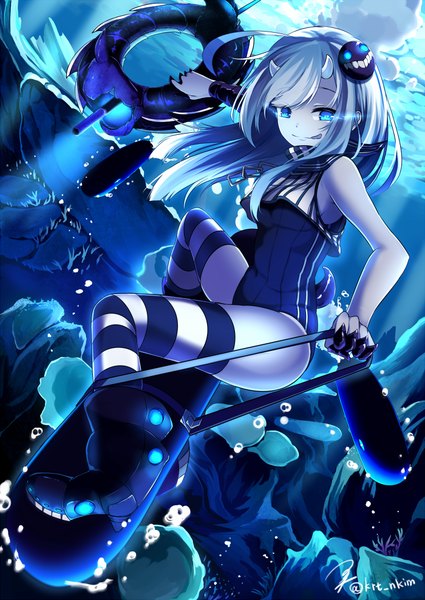 Anime picture 700x988 with kantai collection ro-500 submarine kito koruta single tall image looking at viewer fringe blue eyes light erotic smile bare shoulders holding signed full body ahoge bent knee (knees) white hair horn (horns) from below armpit (armpits)