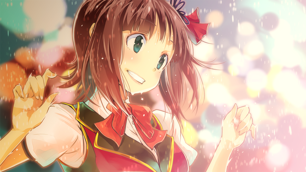 Anime picture 1280x720 with idolmaster amami haruka yae (mono110) single short hair open mouth brown hair wide image green eyes looking away teeth rain girl ribbon (ribbons) hair ribbon shirt bowtie vest