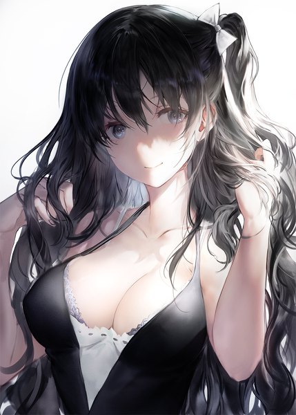 Anime picture 858x1200 with original iori (cpeilad) single long hair tall image looking at viewer fringe breasts light erotic black hair simple background smile hair between eyes large breasts white background cleavage upper body head tilt arms up grey eyes