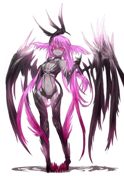Anime picture 1300x1845 with original ganesagi single long hair tall image light erotic white background bare shoulders pink hair cleavage pink eyes shadow demon girl demon girl gloves wings armor claws