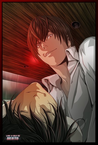 Anime picture 1074x1582 with death note madhouse yagami light l (death note) diabolumberto tall image short hair black hair smile red eyes brown hair eyes closed coloring light open collar boy shirt