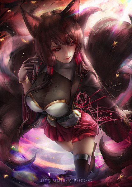 Anime picture 848x1200 with azur lane akagi (azur lane) axsen single long hair tall image fringe light erotic smile red eyes brown hair standing animal ears looking away bent knee (knees) tail animal tail pleated skirt from above lips