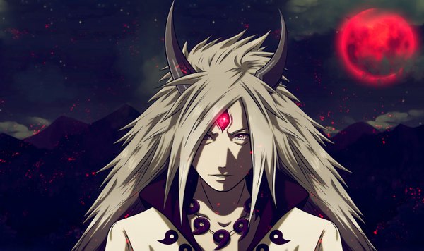 Anime picture 1600x951 with naruto studio pierrot naruto (series) uchiha madara anvmadara single long hair looking at viewer open mouth wide image purple eyes sky cloud (clouds) horn (horns) grey hair night night sky coloring mountain red moon