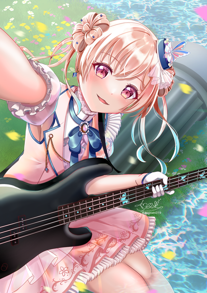 Anime picture 1500x2121 with bang dream! hiromachi nanami kurinami219 single tall image looking at viewer blush fringe short hair open mouth blonde hair smile hair between eyes sitting holding signed outdoors head tilt :d pleated skirt