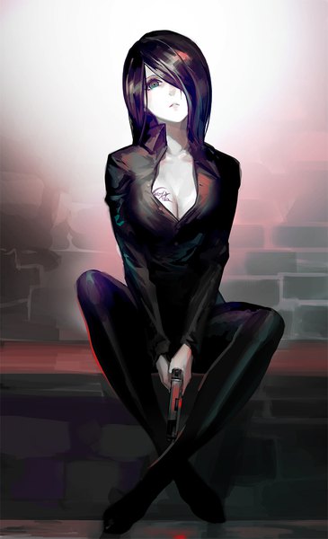 Anime picture 608x1000 with original luen kulo single tall image looking at viewer fringe short hair breasts sitting holding signed cleavage long sleeves parted lips head tilt aqua eyes hair over one eye tattoo crossed legs dark hair