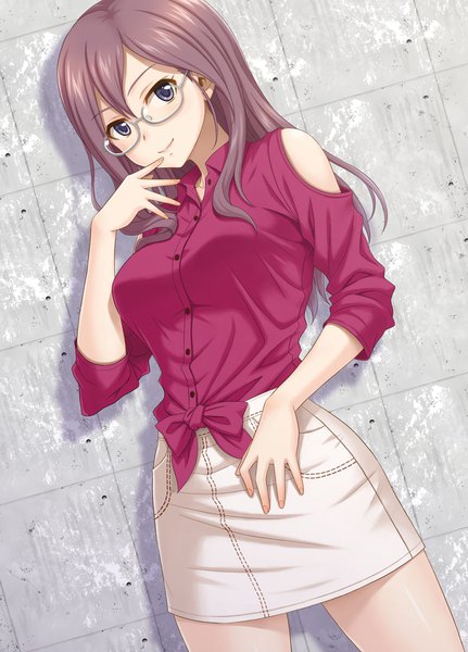 Anime picture 791x1100 with idolmaster idolmaster cinderella girls idolmaster cinderella girls starlight stage yagami makino hida tatsuo single long hair tall image looking at viewer blush fringe breasts smile hair between eyes brown hair standing purple eyes head tilt arm up lips