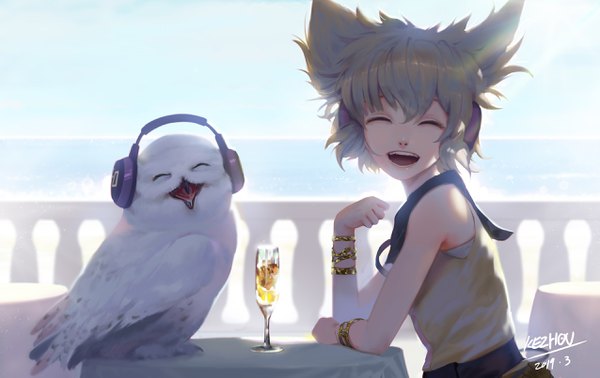 Anime picture 2551x1610 with touhou toyosatomimi no miko kezhou single fringe highres short hair open mouth smile hair between eyes sitting bare shoulders signed sky silver hair upper body eyes closed sunlight depth of field dated