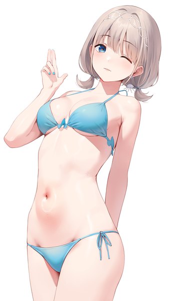 Anime picture 794x1410 with idolmaster idolmaster shiny colors serizawa asahi gin00 single tall image looking at viewer blush fringe short hair breasts blue eyes light erotic simple background standing white background twintails blunt bangs nail polish one eye closed