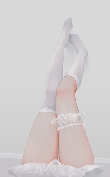 Anime picture 2683x4300 with original bbul horn single tall image highres simple background realistic grey background no shoes thighs head out of frame girl thighhighs white thighhighs socks thigh strap white socks single thighhigh single sock
