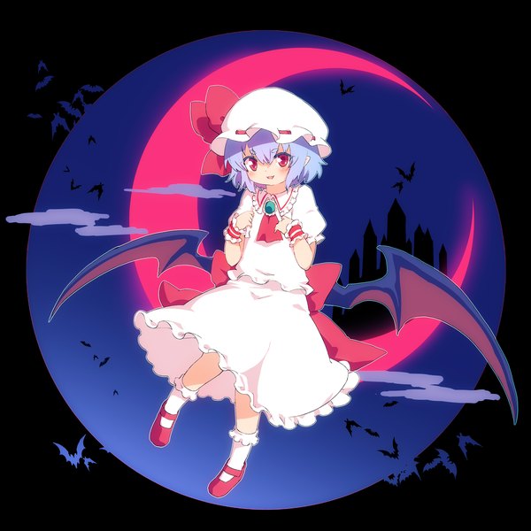 Anime picture 2000x2000 with touhou remilia scarlet ayakashi (monkeypanch) single looking at viewer fringe highres short hair open mouth smile hair between eyes red eyes blue hair full body short sleeves puffy sleeves flying bat wings crescent silhouette