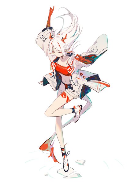 Anime picture 905x1277 with arknights nian (arknights) huanxiang heitu single long hair tall image simple background white background full body white hair tail horn (horns) pointy ears open jacket looking down dragon girl dragon tail girl jacket crop top