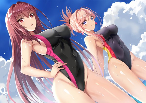 Anime picture 1000x705 with fate (series) fate/grand order scathach (fate) (all) scathach (fate) miyamoto musashi (fate) harimoji long hair looking at viewer blush fringe breasts open mouth blue eyes light erotic smile hair between eyes red eyes standing pink hair sky