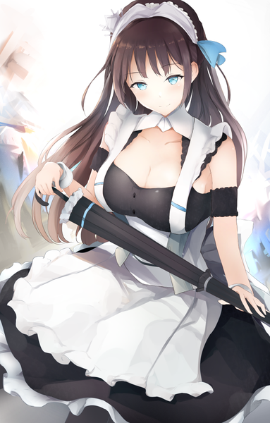 Anime picture 792x1240 with azur lane newcastle (azur lane) neofreet single long hair tall image looking at viewer blush fringe breasts blue eyes light erotic simple background brown hair large breasts standing white background holding payot cleavage