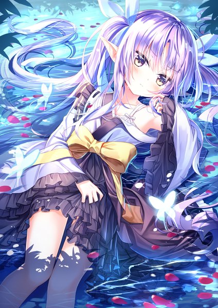 Anime picture 2893x4092 with princess connect! kyouka (princess connect!) satou (3366 s) single long hair tall image looking at viewer highres light erotic purple eyes twintails purple hair long sleeves pointy ears off shoulder wide sleeves ophelia's pose girl petals water