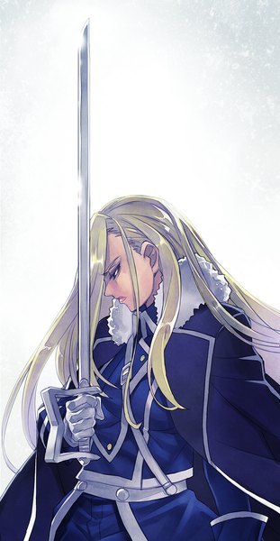 Anime picture 831x1600 with fullmetal alchemist studio bones olivier mira armstrong matsuryuu single long hair tall image blue eyes simple background blonde hair white background fur trim looking down girl gloves uniform weapon sword white gloves fur